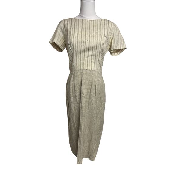 Vintage Dan Keller Tan Wiggle Dress Short Sleeve Stripes Union Label Mod 50s 60s - Picture 1 of 9